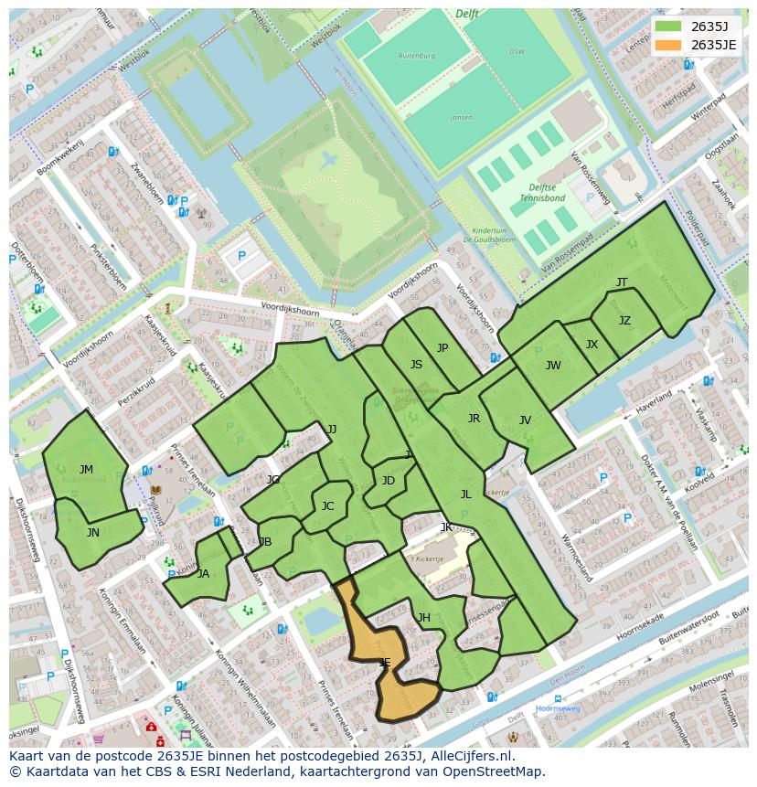 Afbeelding van het postcodegebied 2635 JE op de kaart.