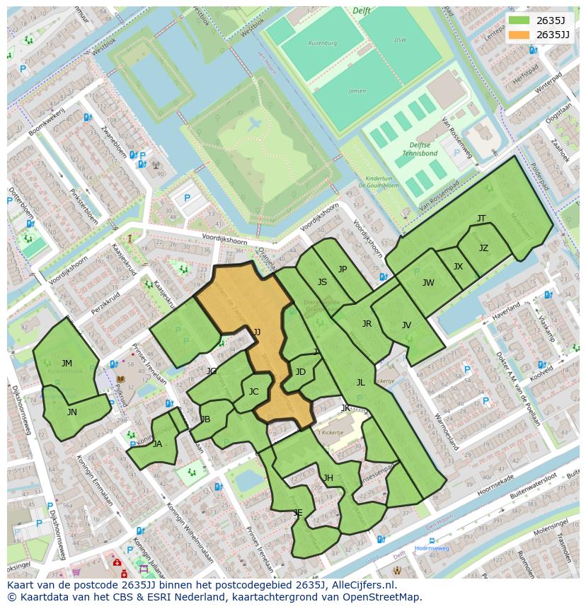 Afbeelding van het postcodegebied 2635 JJ op de kaart.