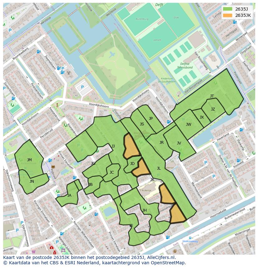 Afbeelding van het postcodegebied 2635 JK op de kaart.