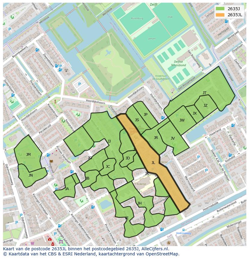 Afbeelding van het postcodegebied 2635 JL op de kaart.