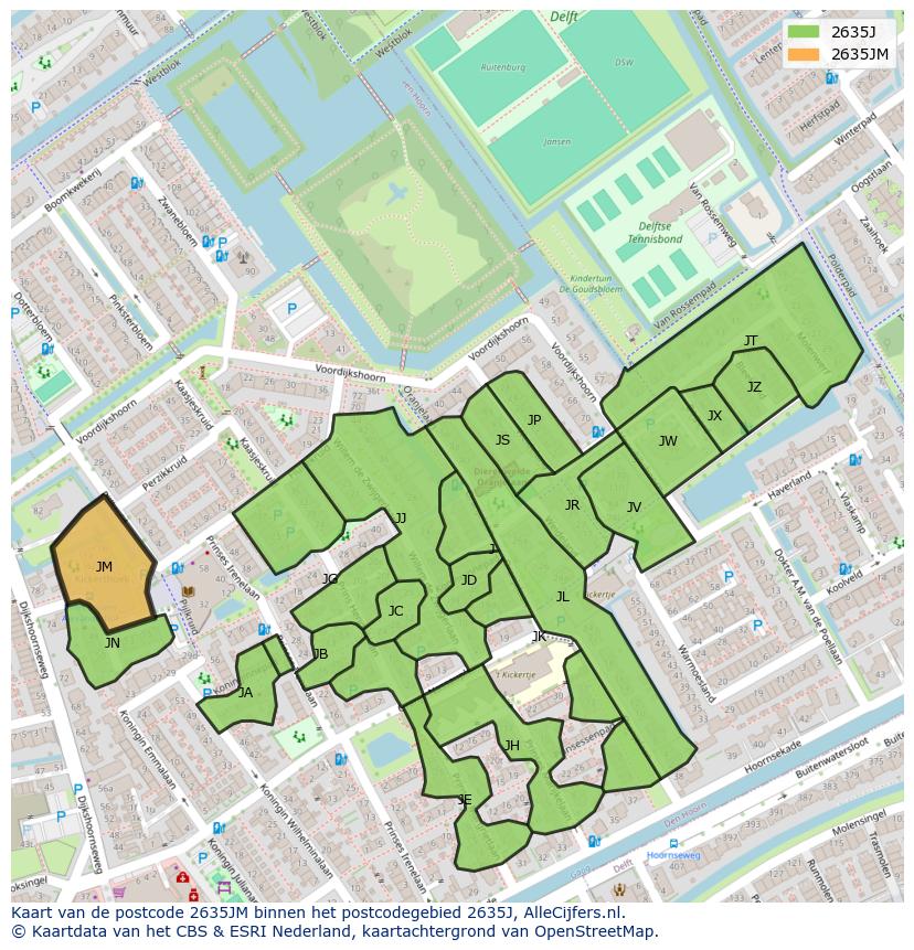 Afbeelding van het postcodegebied 2635 JM op de kaart.