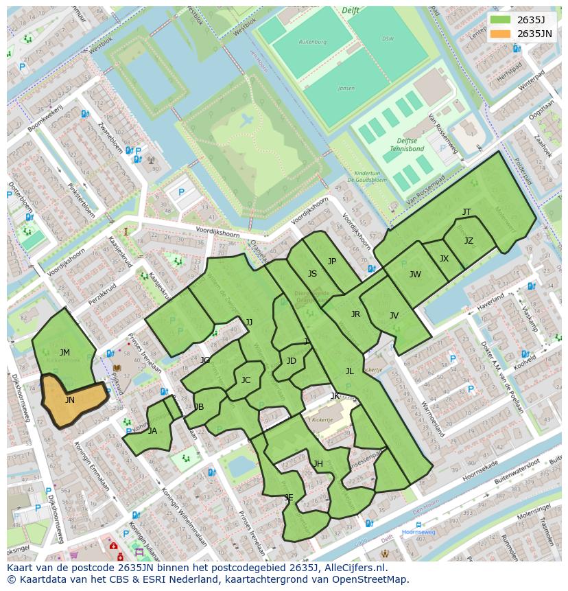 Afbeelding van het postcodegebied 2635 JN op de kaart.