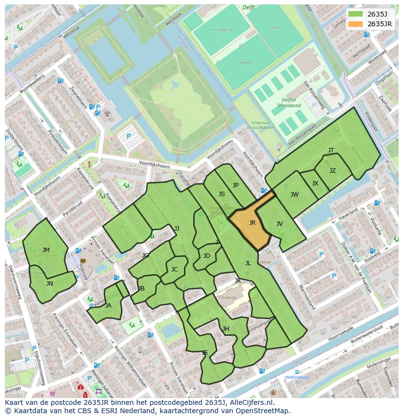 Afbeelding van het postcodegebied 2635 JR op de kaart.