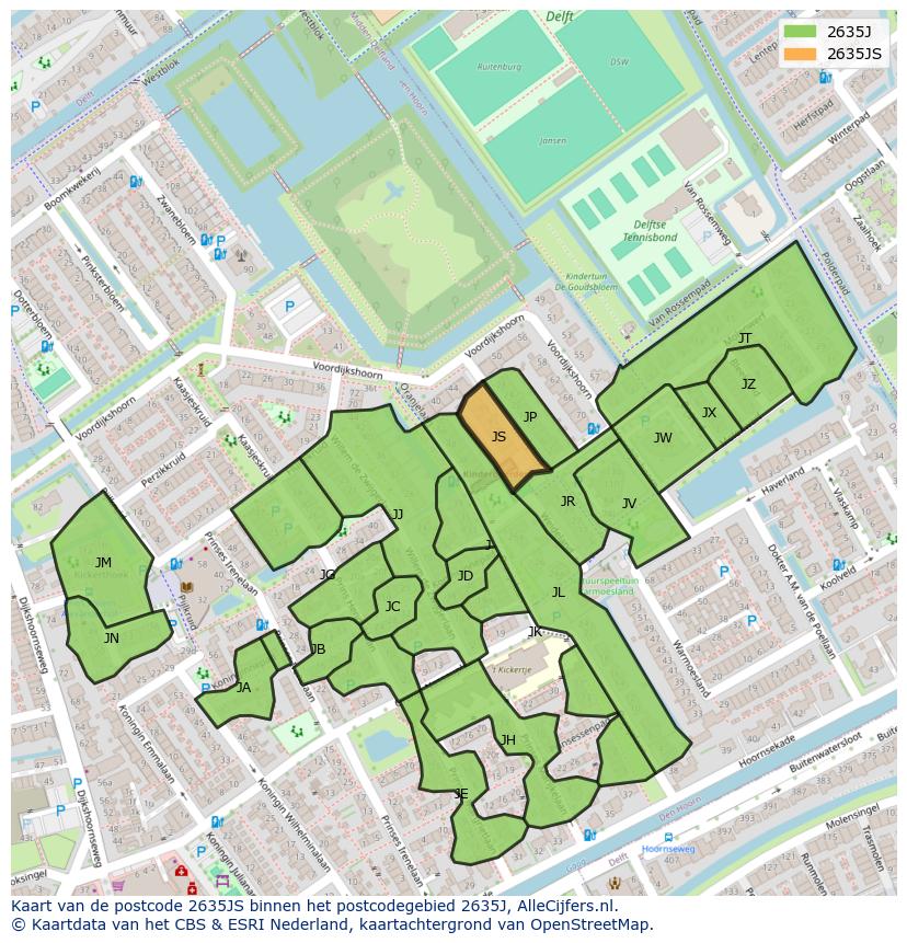 Afbeelding van het postcodegebied 2635 JS op de kaart.