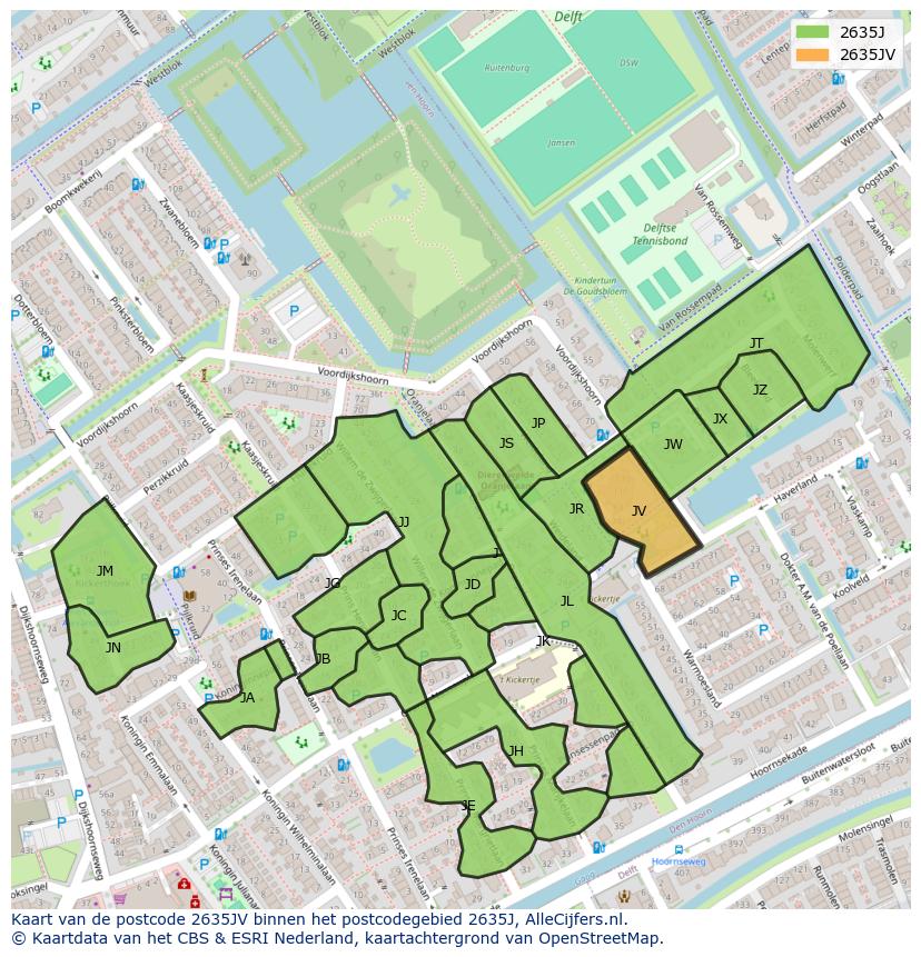Afbeelding van het postcodegebied 2635 JV op de kaart.