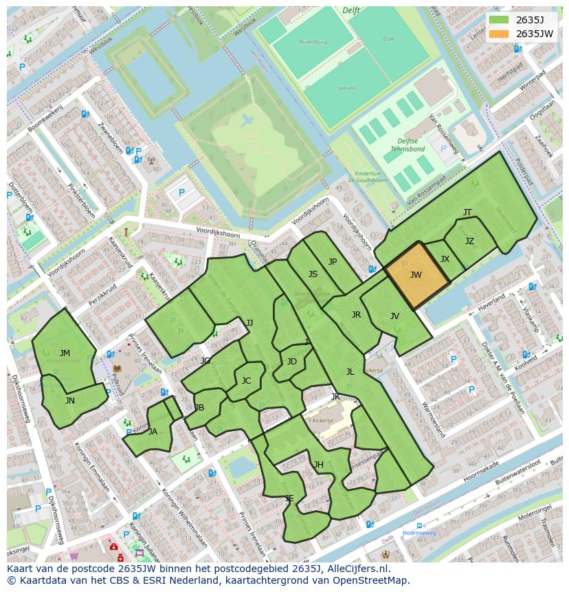 Afbeelding van het postcodegebied 2635 JW op de kaart.