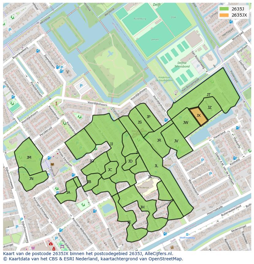Afbeelding van het postcodegebied 2635 JX op de kaart.