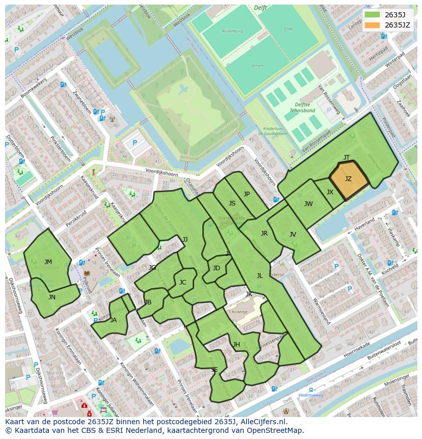 Afbeelding van het postcodegebied 2635 JZ op de kaart.