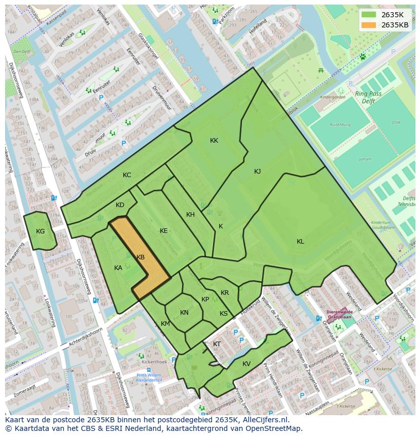 Afbeelding van het postcodegebied 2635 KB op de kaart.