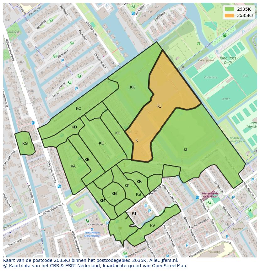 Afbeelding van het postcodegebied 2635 KJ op de kaart.