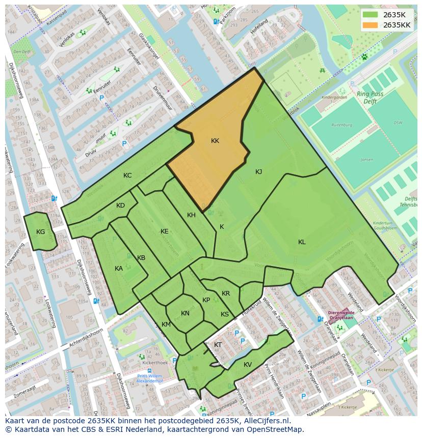 Afbeelding van het postcodegebied 2635 KK op de kaart.