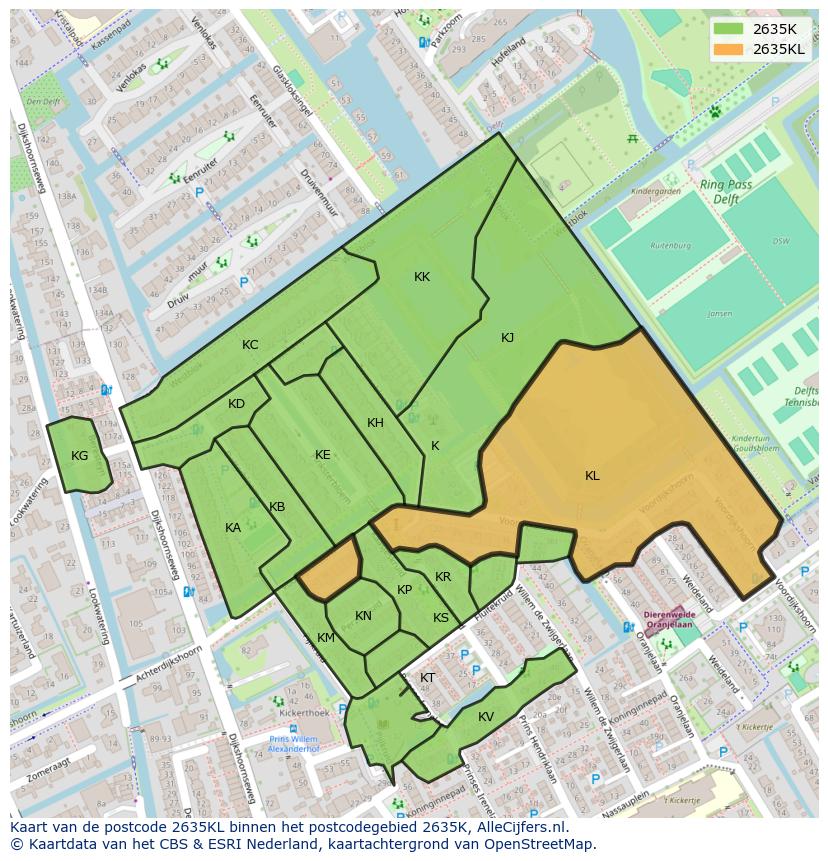 Afbeelding van het postcodegebied 2635 KL op de kaart.
