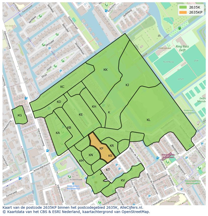 Afbeelding van het postcodegebied 2635 KP op de kaart.