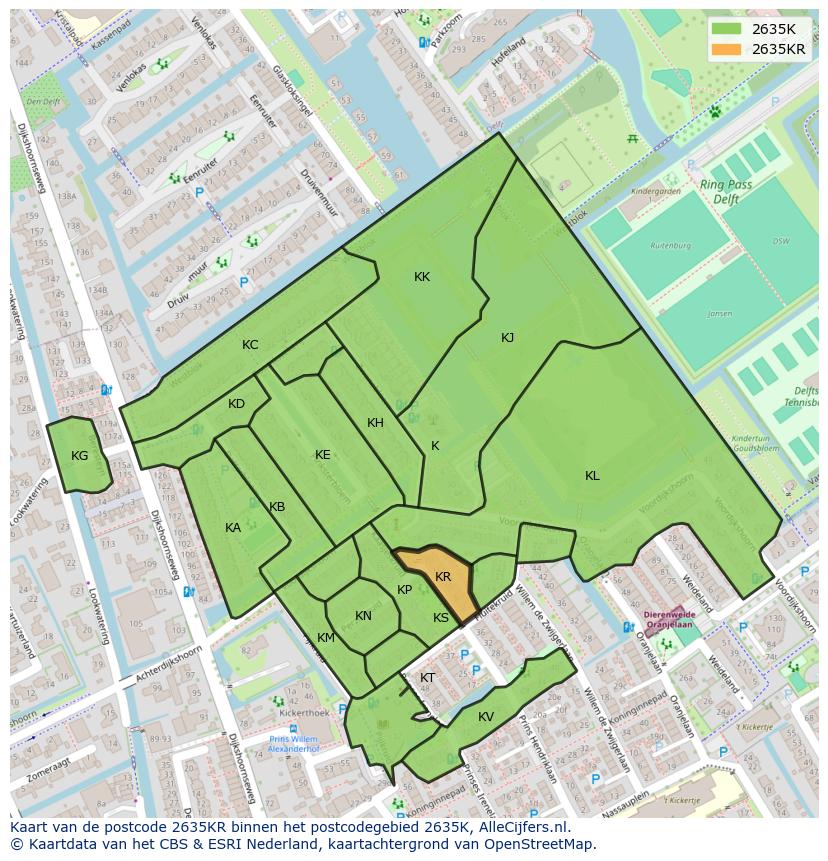 Afbeelding van het postcodegebied 2635 KR op de kaart.