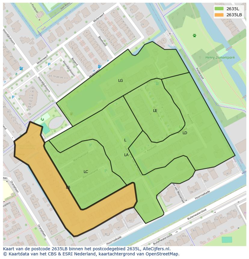 Afbeelding van het postcodegebied 2635 LB op de kaart.