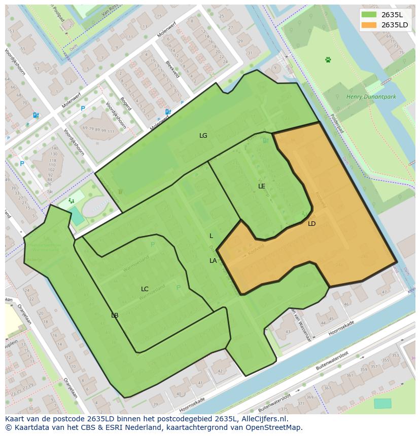 Afbeelding van het postcodegebied 2635 LD op de kaart.
