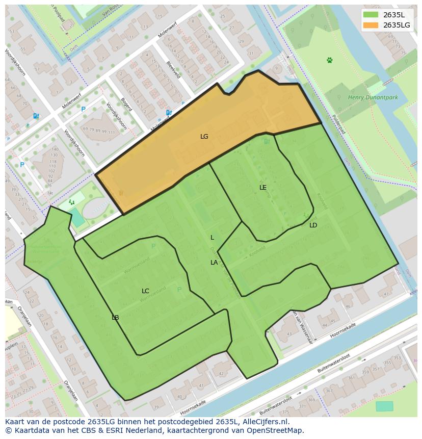 Afbeelding van het postcodegebied 2635 LG op de kaart.