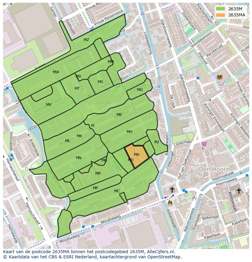 Afbeelding van het postcodegebied 2635 MA op de kaart.
