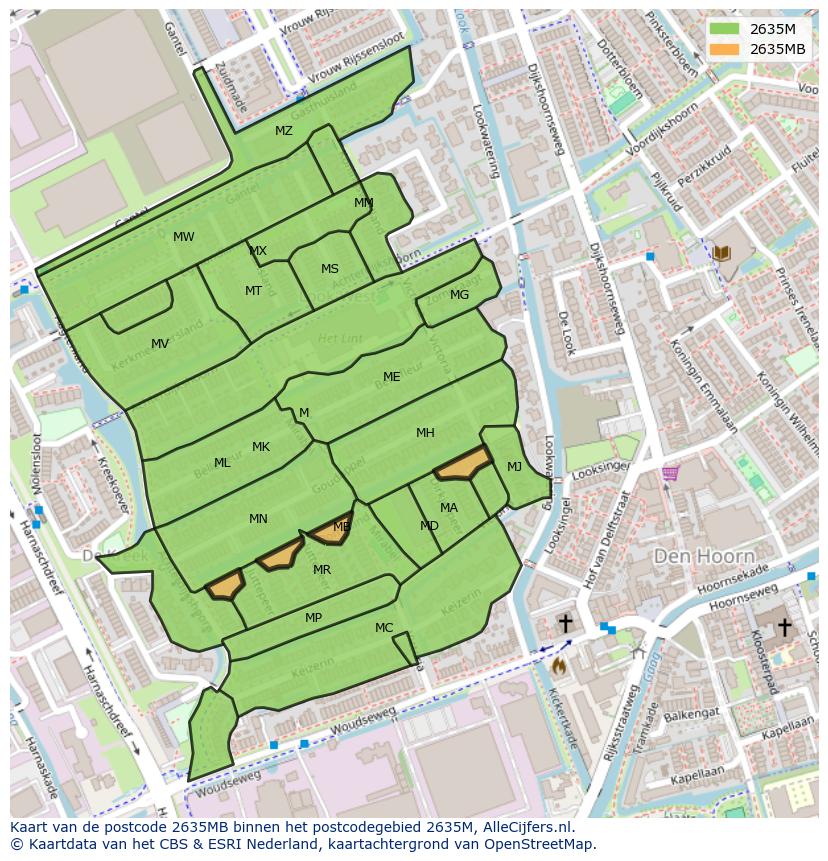Afbeelding van het postcodegebied 2635 MB op de kaart.