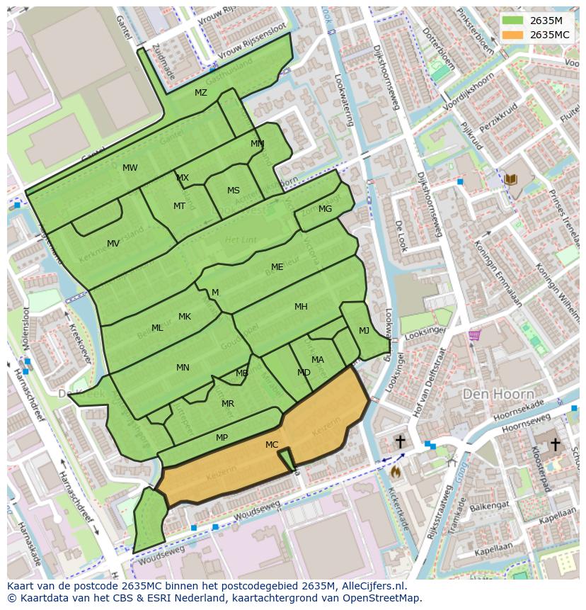 Afbeelding van het postcodegebied 2635 MC op de kaart.