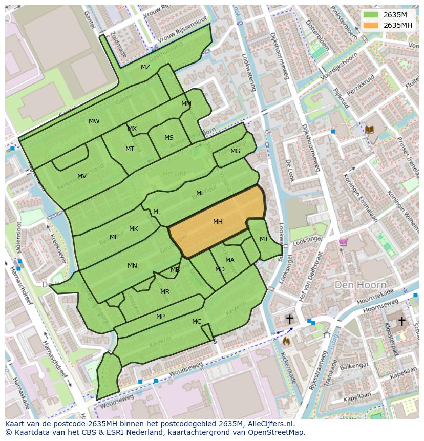 Afbeelding van het postcodegebied 2635 MH op de kaart.