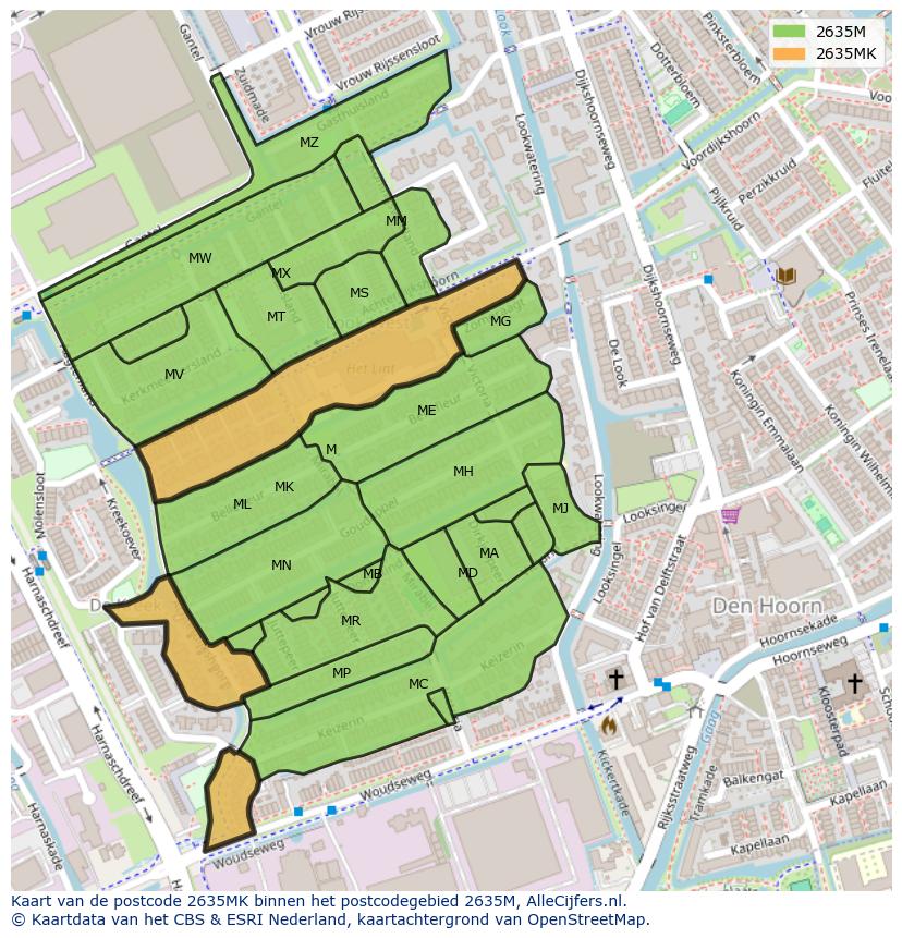 Afbeelding van het postcodegebied 2635 MK op de kaart.