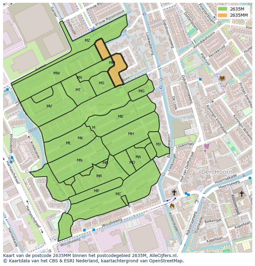 Afbeelding van het postcodegebied 2635 MM op de kaart.