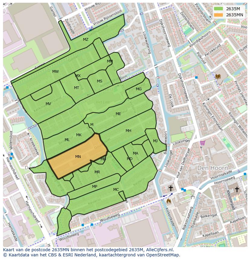 Afbeelding van het postcodegebied 2635 MN op de kaart.