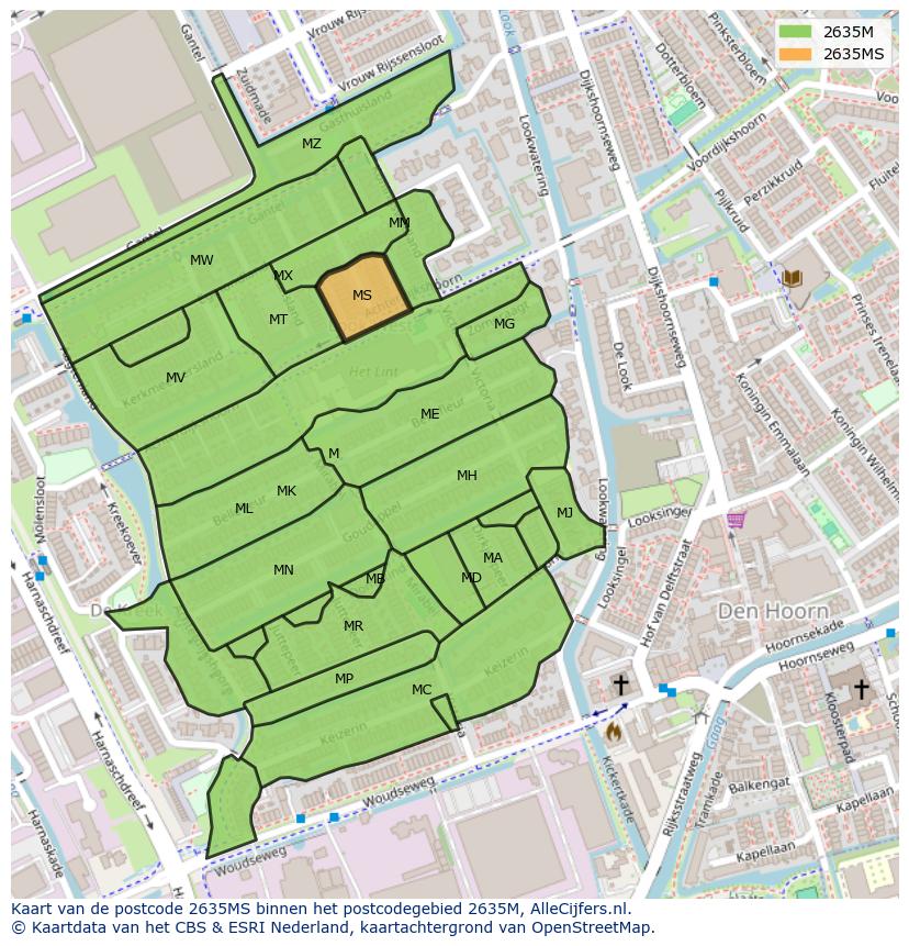 Afbeelding van het postcodegebied 2635 MS op de kaart.