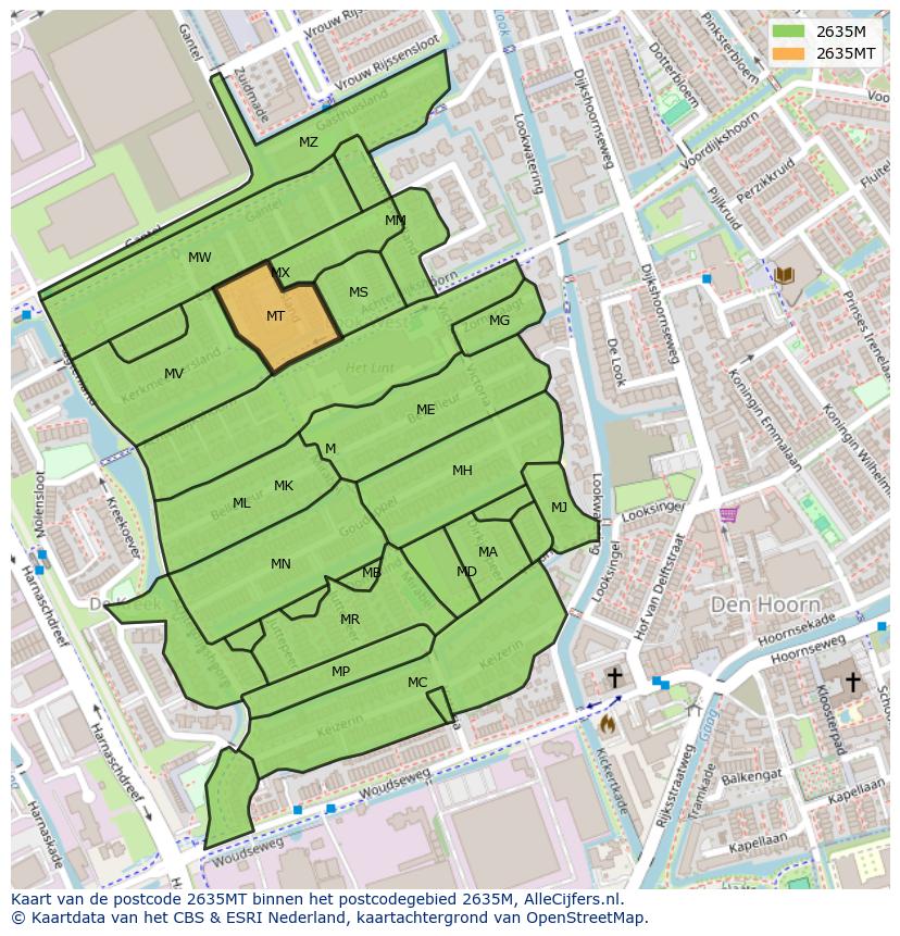 Afbeelding van het postcodegebied 2635 MT op de kaart.