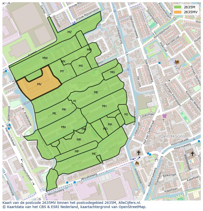 Afbeelding van het postcodegebied 2635 MV op de kaart.