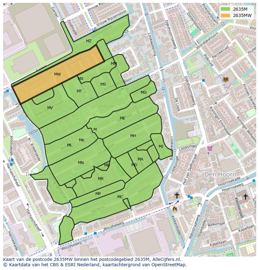 Afbeelding van het postcodegebied 2635 MW op de kaart.