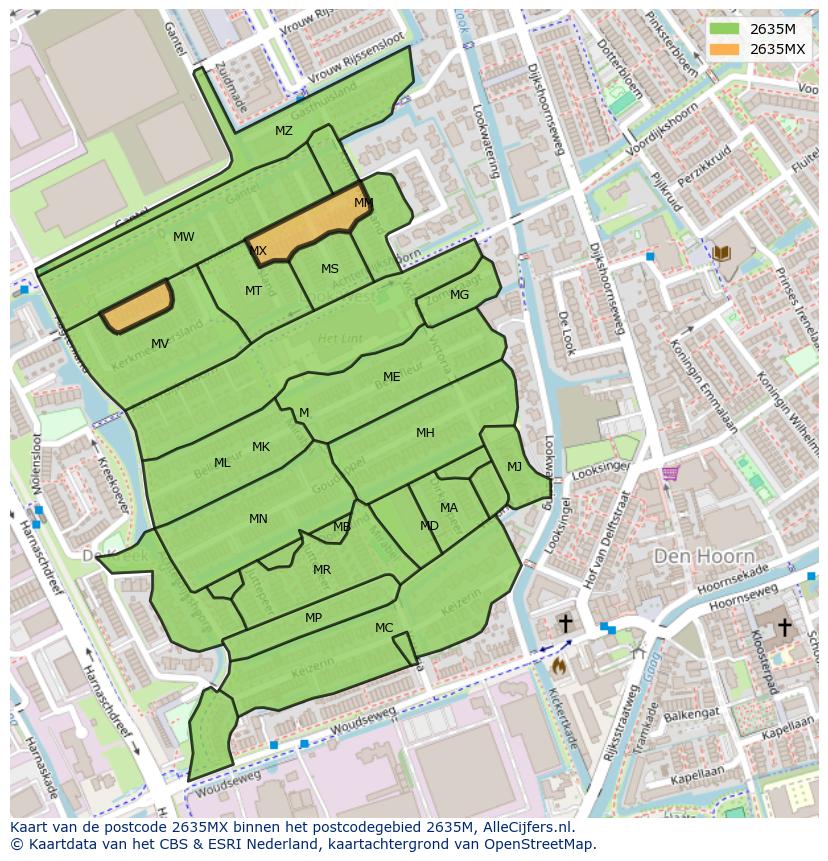 Afbeelding van het postcodegebied 2635 MX op de kaart.