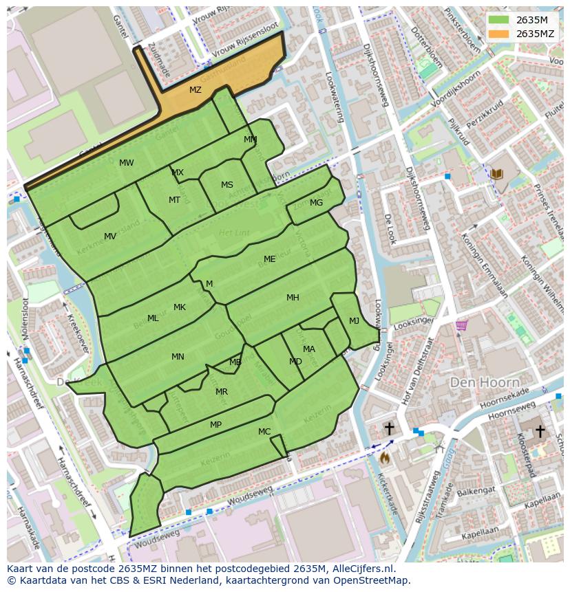Afbeelding van het postcodegebied 2635 MZ op de kaart.