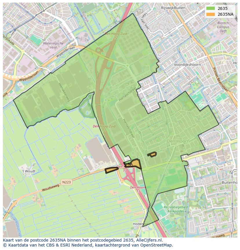 Afbeelding van het postcodegebied 2635 NA op de kaart.