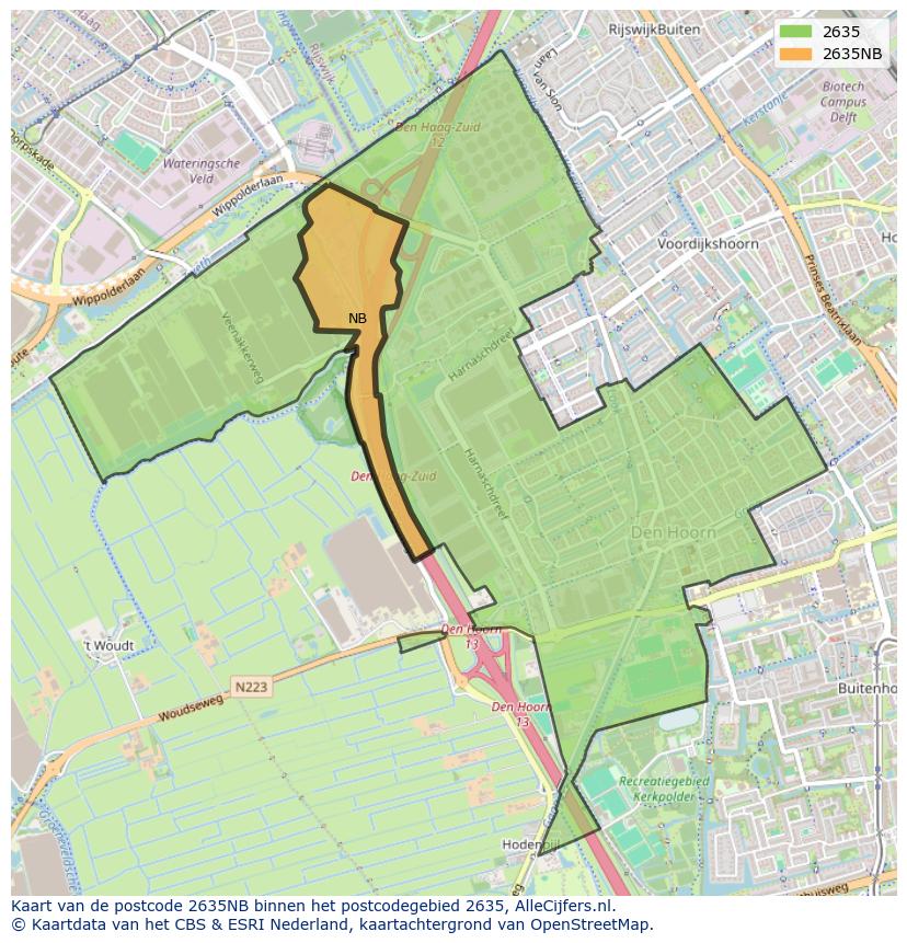 Afbeelding van het postcodegebied 2635 NB op de kaart.