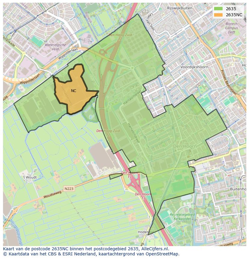 Afbeelding van het postcodegebied 2635 NC op de kaart.