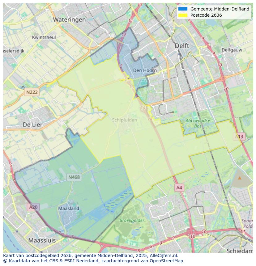 Afbeelding van het postcodegebied 2636 op de kaart.