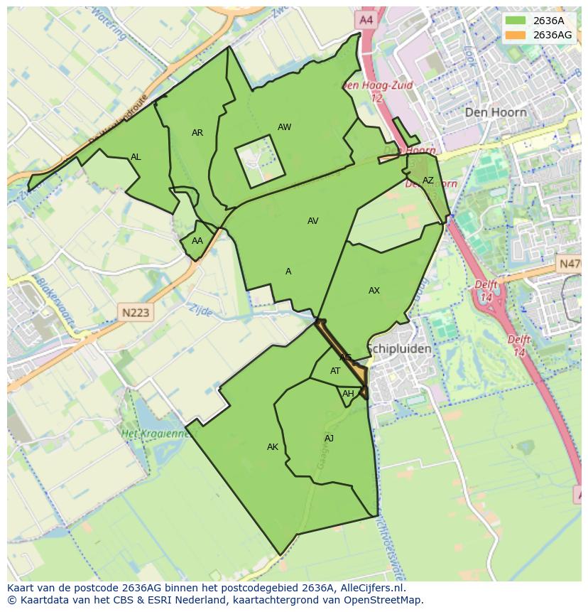 Afbeelding van het postcodegebied 2636 AG op de kaart.