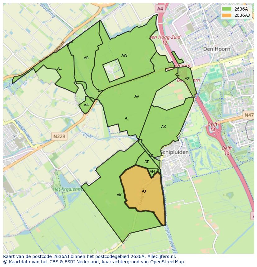 Afbeelding van het postcodegebied 2636 AJ op de kaart.
