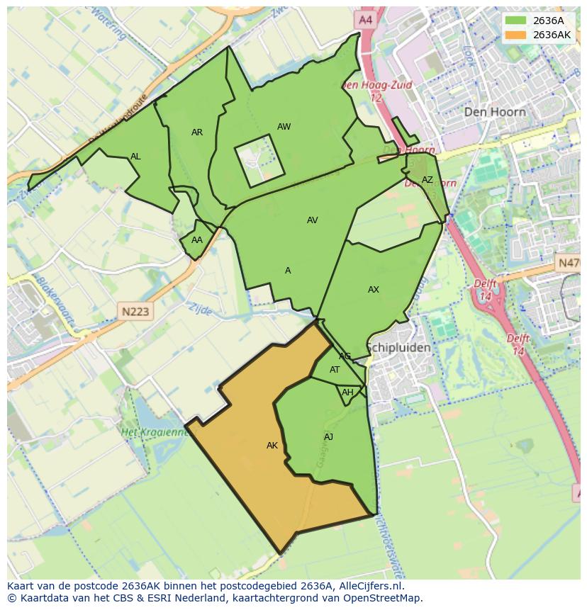 Afbeelding van het postcodegebied 2636 AK op de kaart.