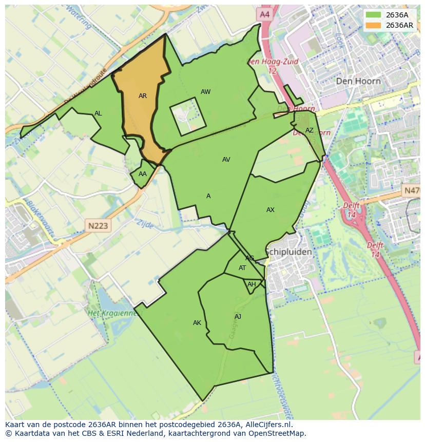 Afbeelding van het postcodegebied 2636 AR op de kaart.