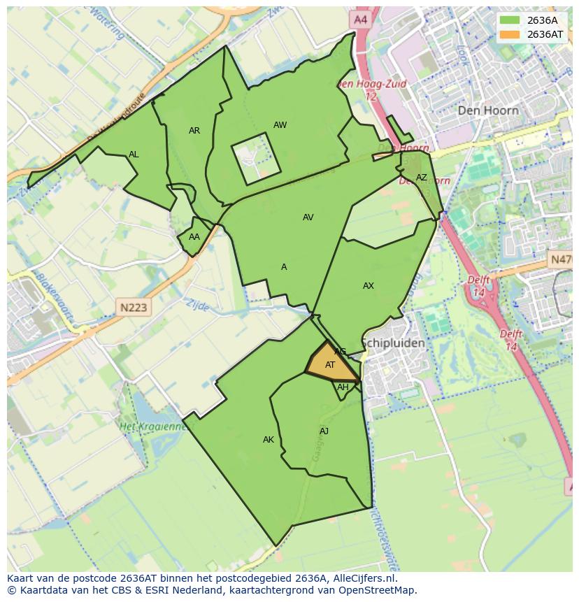 Afbeelding van het postcodegebied 2636 AT op de kaart.