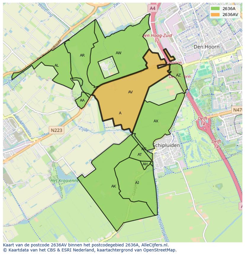 Afbeelding van het postcodegebied 2636 AV op de kaart.