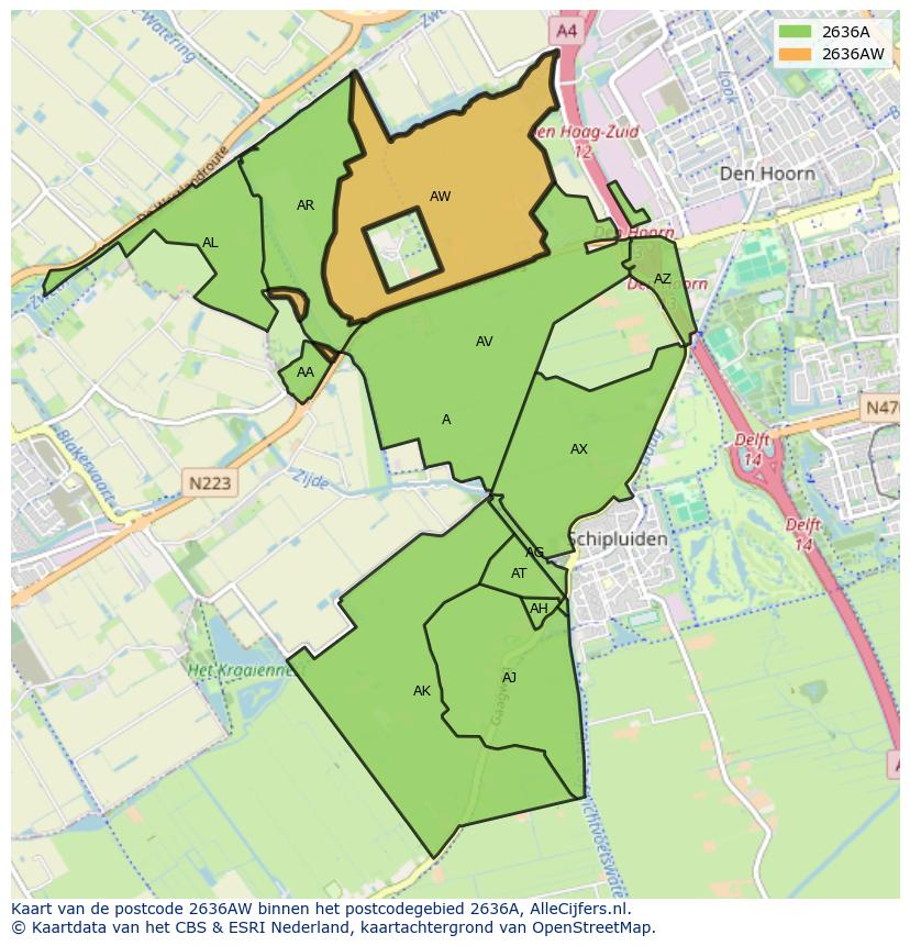 Afbeelding van het postcodegebied 2636 AW op de kaart.