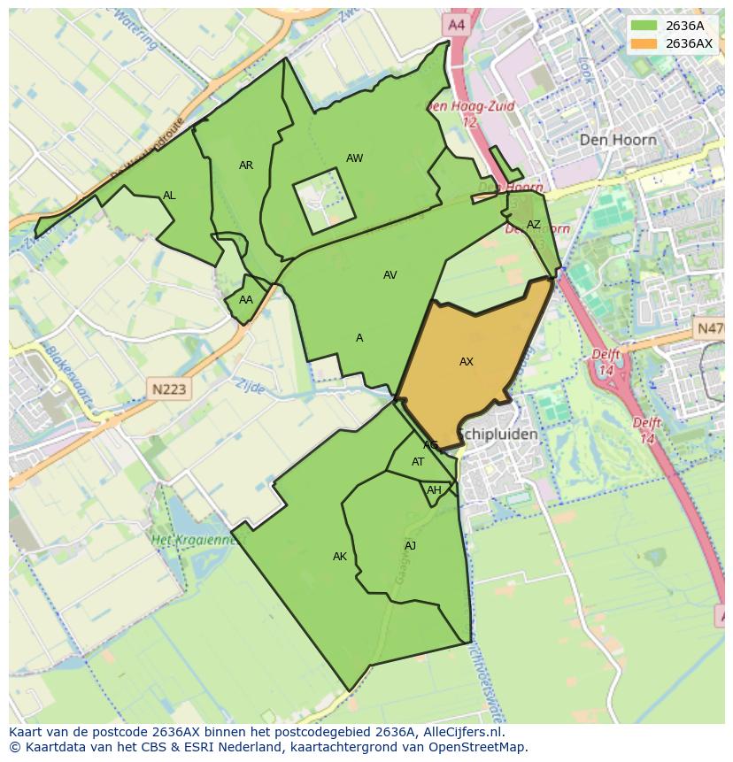 Afbeelding van het postcodegebied 2636 AX op de kaart.