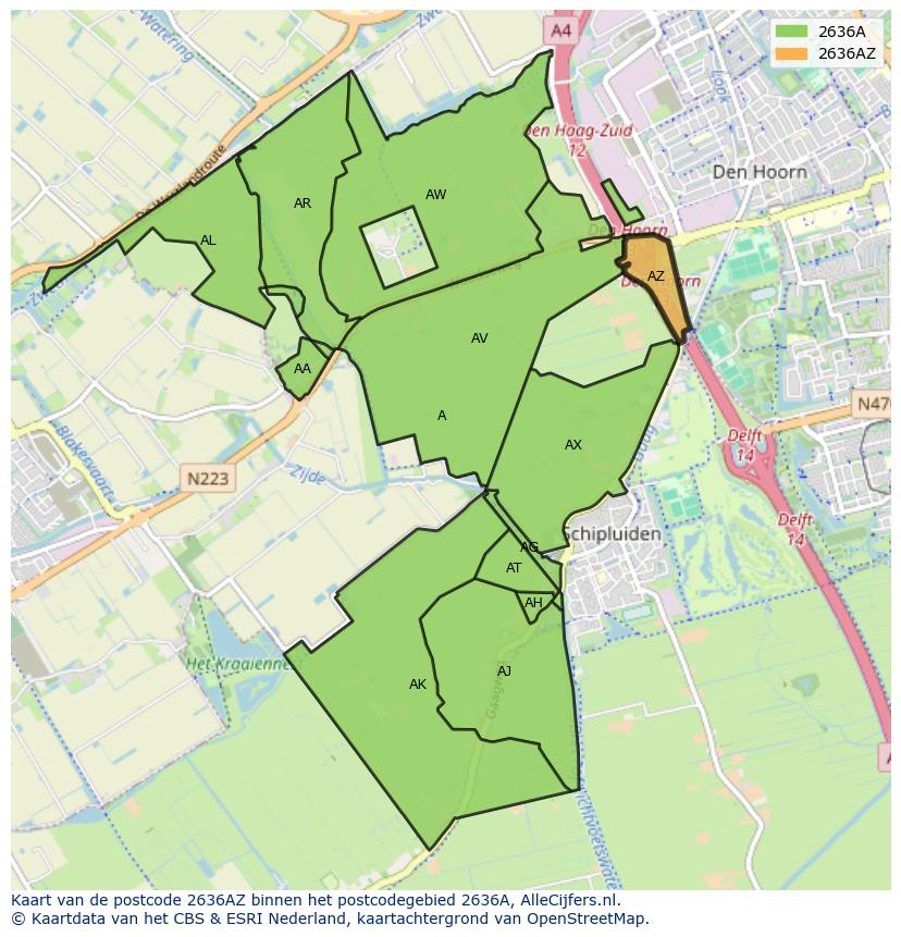 Afbeelding van het postcodegebied 2636 AZ op de kaart.