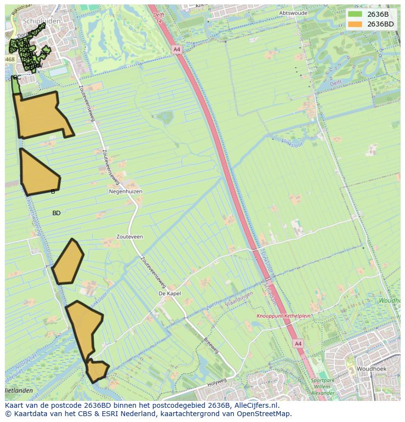 Afbeelding van het postcodegebied 2636 BD op de kaart.
