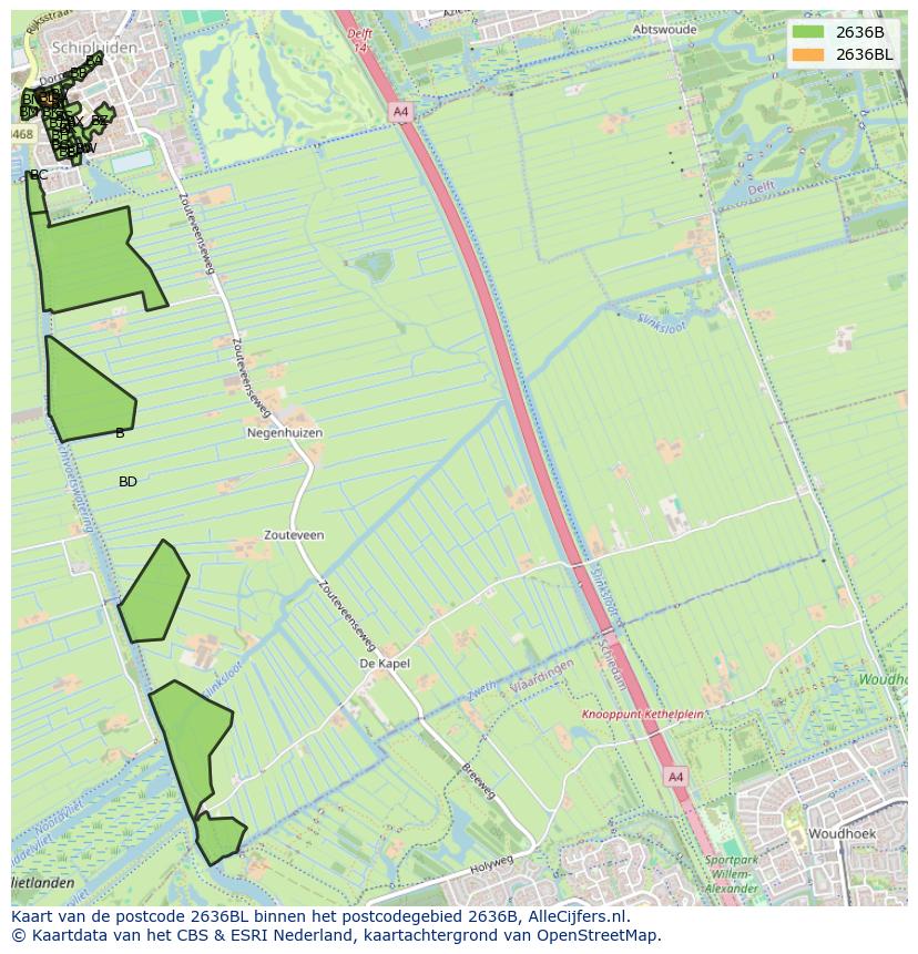 Afbeelding van het postcodegebied 2636 BL op de kaart.