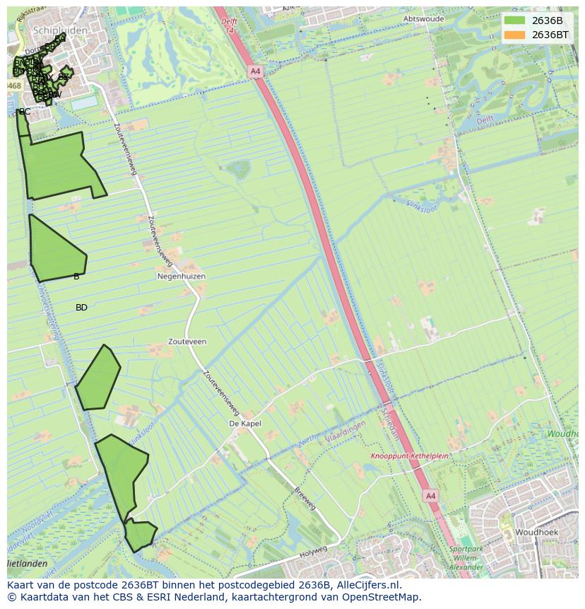 Afbeelding van het postcodegebied 2636 BT op de kaart.